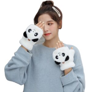 YD 1Pair Women Girls Winter Warm Fingerless Bear Cat Plush Paw Claw Half Finger Gloves Mitten