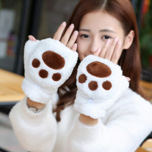 YD 1Pair Women Girls Winter Warm Fingerless Bear Cat Plush Paw Claw Half Finger Gloves Mitten